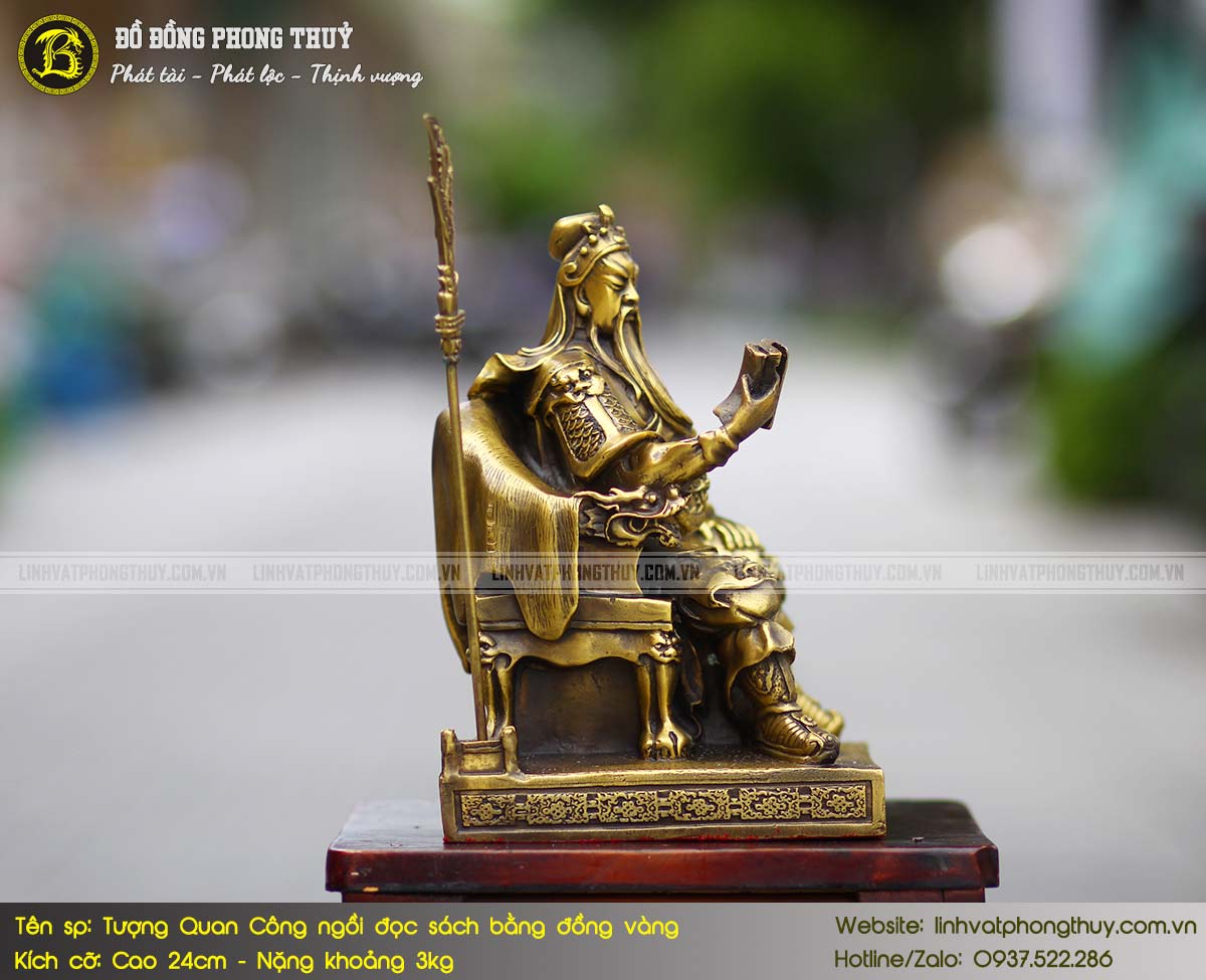 tượng Quan Công ngồi đọc sách bằng đồng vàng cao 24cm