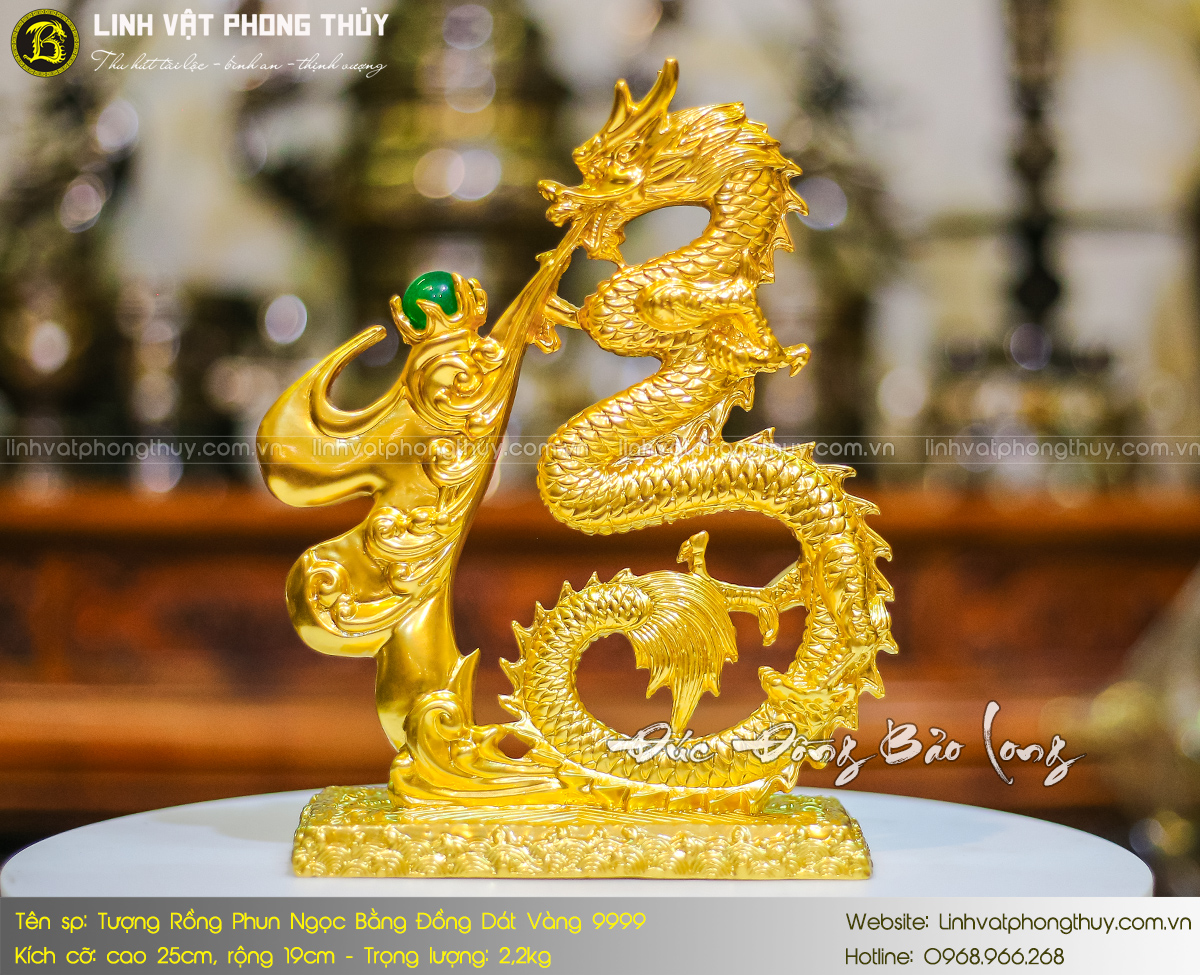 tượng rồng phun ngọc bằng đồng cao 25cm dát vàng
