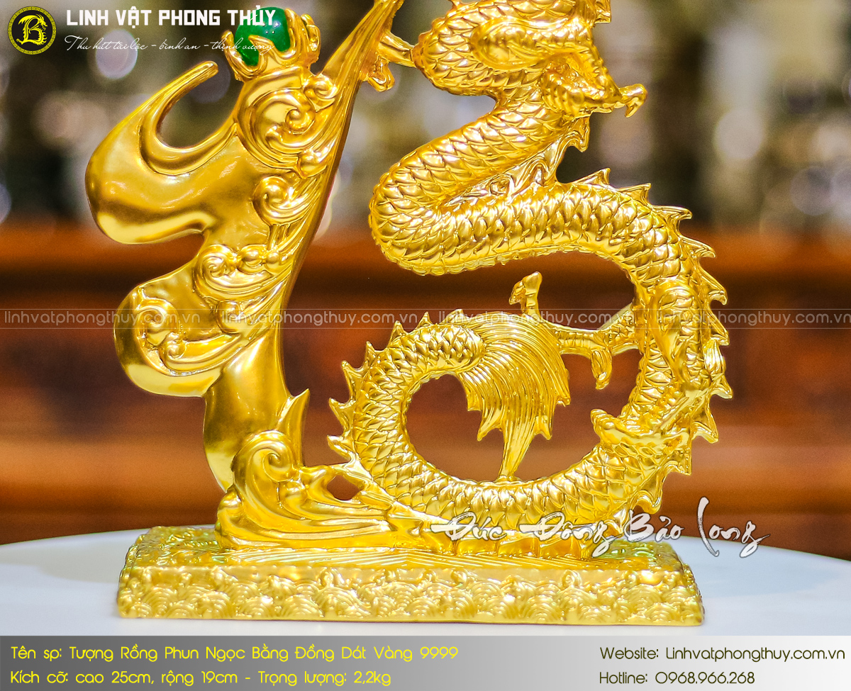 tượng rồng phun ngọc bằng đồng cao 25cm dát vàng
