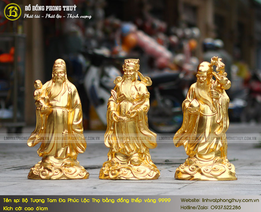 bộ tượng Tam Đa Phúc Lộc Thọ bằng đồng thếp vàng 9999 cao 61cm