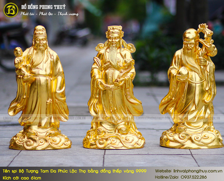 Bộ Tượng Tam Đa Phúc Lộc Thọ Bằng Đồng Thếp Vàng 9999 Cao 61cm - TTD003 2