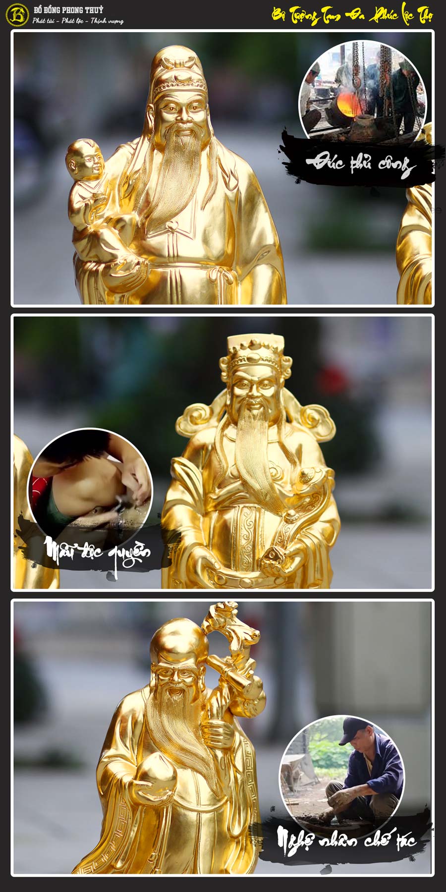 bộ tượng Tam Đa Phúc Lộc Thọ bằng đồng thếp vàng 9999 cao 61cm