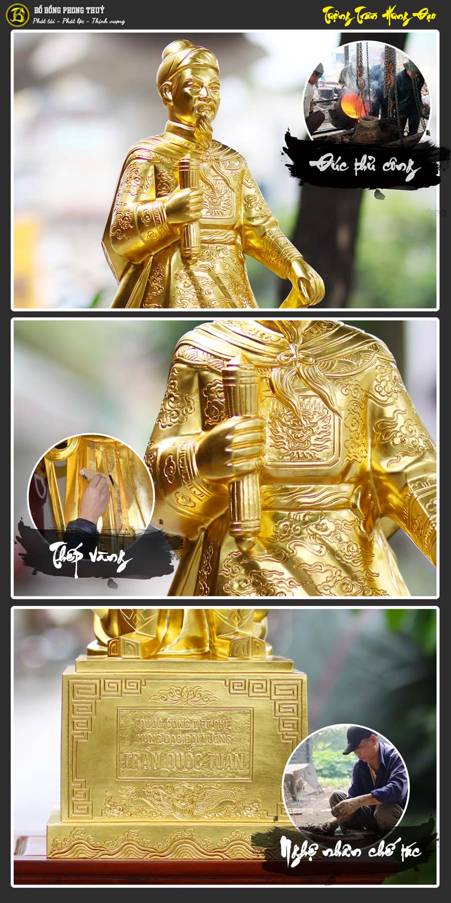 tượng Trần Hưng Đạo bằng đồng cao 89cm dát vàng 9999