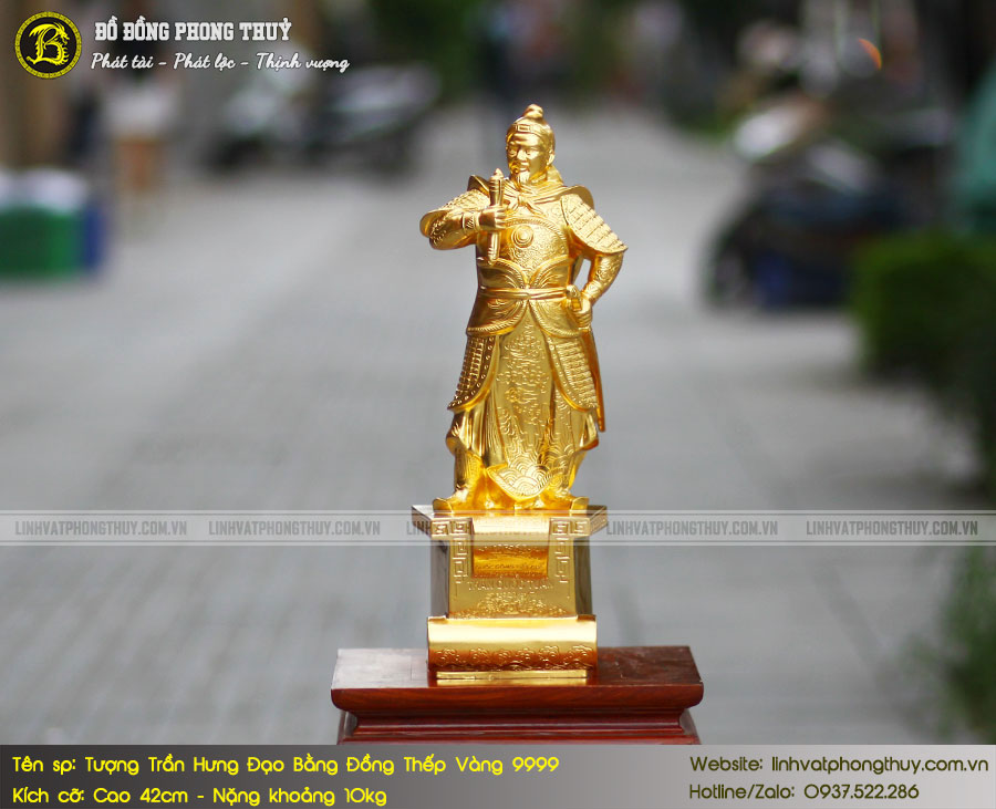 tượng Trần Hưng Đạo đứng bệ thuyền bằng đồng cao 42cm dát vàng 9999