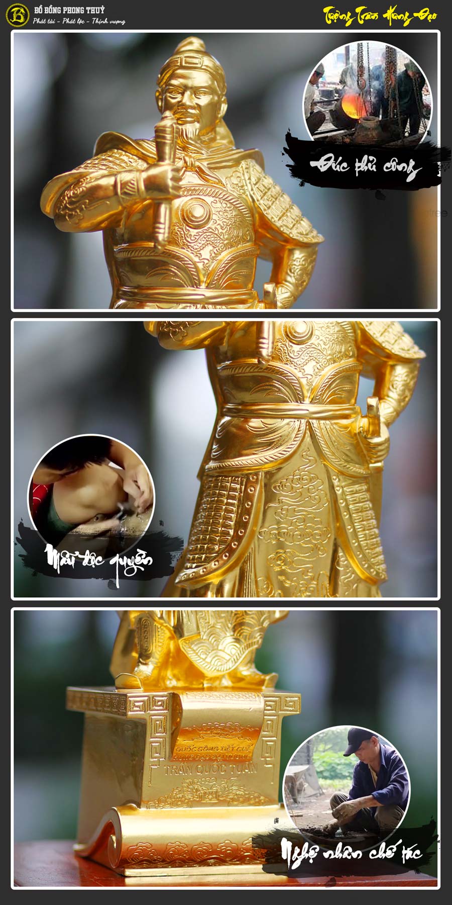 tượng Trần Hưng Đạo đứng bệ thuyền bằng đồng cao 42cm dát vàng 9999