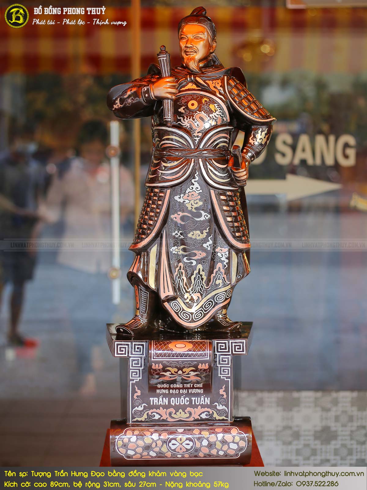 tượng Trần Hưng Đạo đứng bệ thuyền bằng đồng vàng bạc cao 89cm