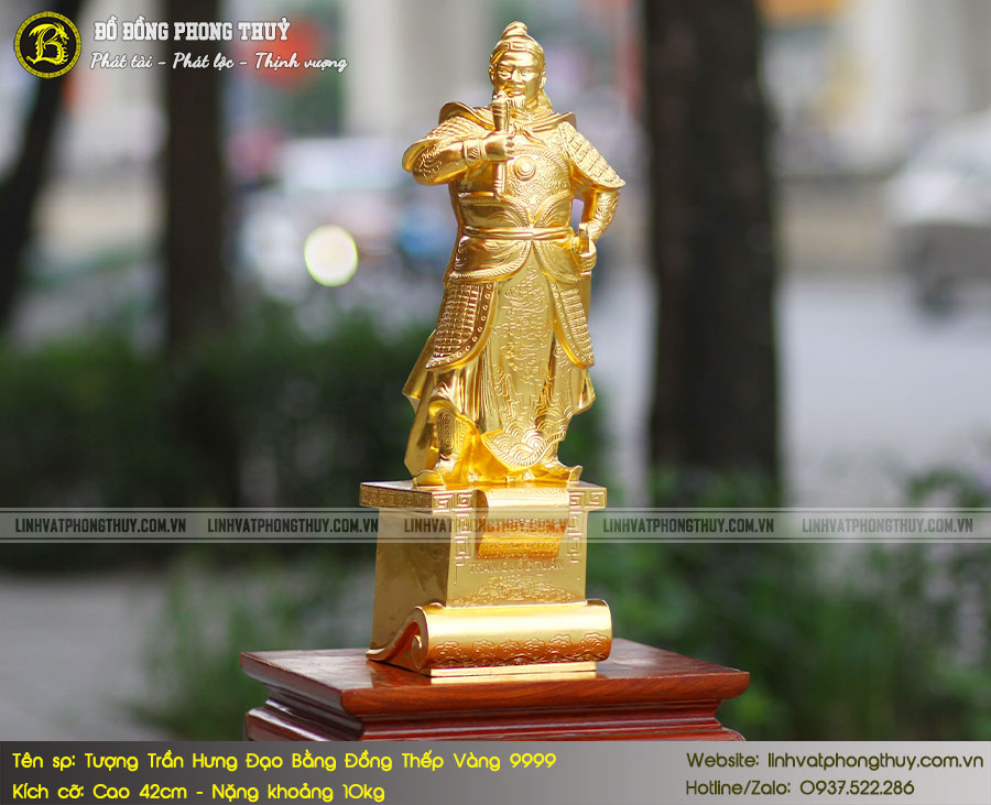 đồ phong thuỷ - tượng Trần Hưng Đạo đứng bệ thuyền dát vàng 9999