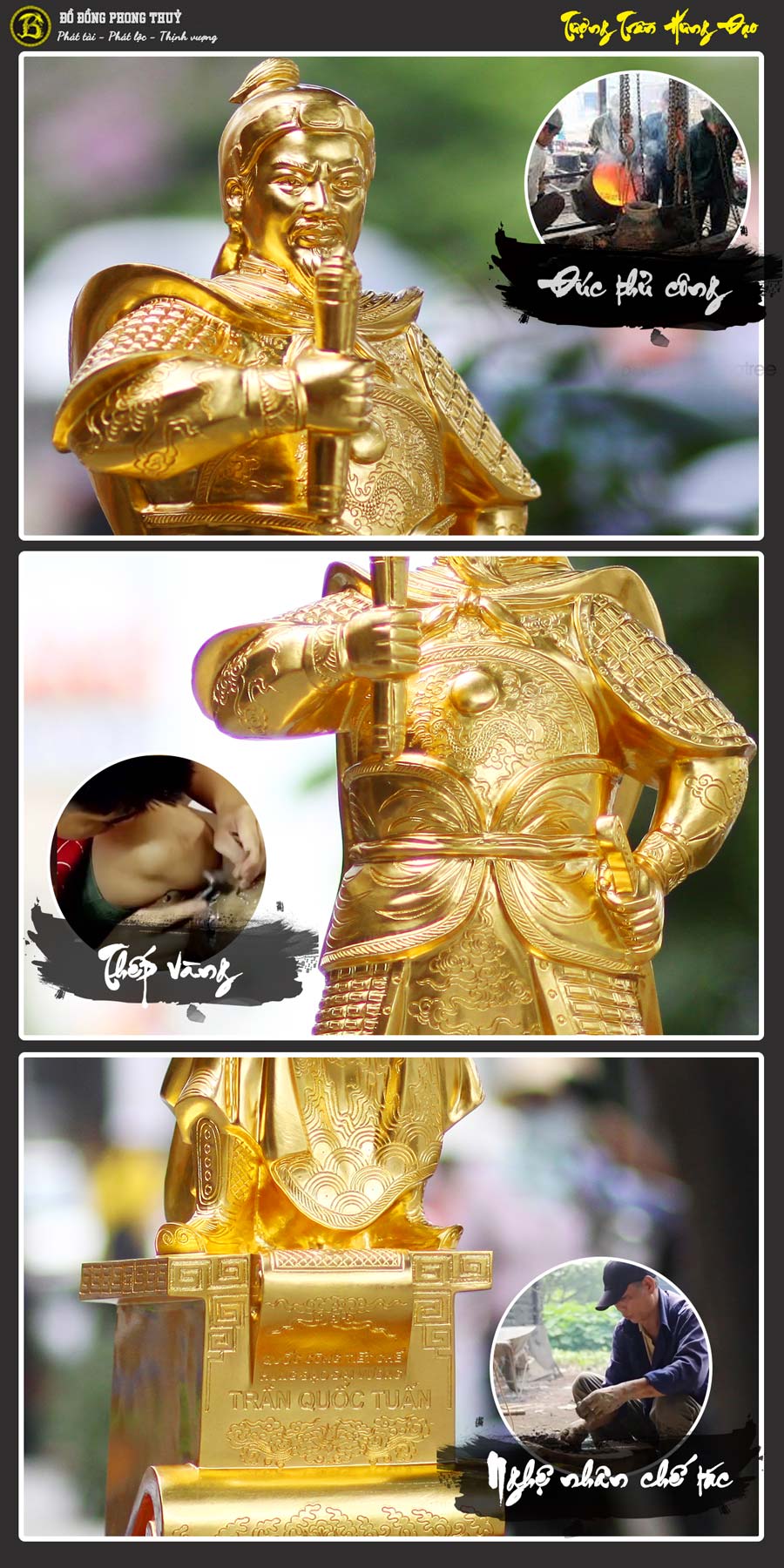 tượng Trần Hưng Đạo đứng bệ thuyền bằng đồng cao 81cm dát vàng 9999
