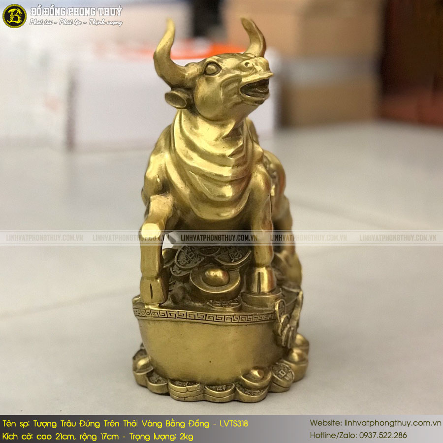 Tượng Trâu Đứng Trên Thỏi Vàng Bằng Đồng Cao 21cm - LVTS318 3